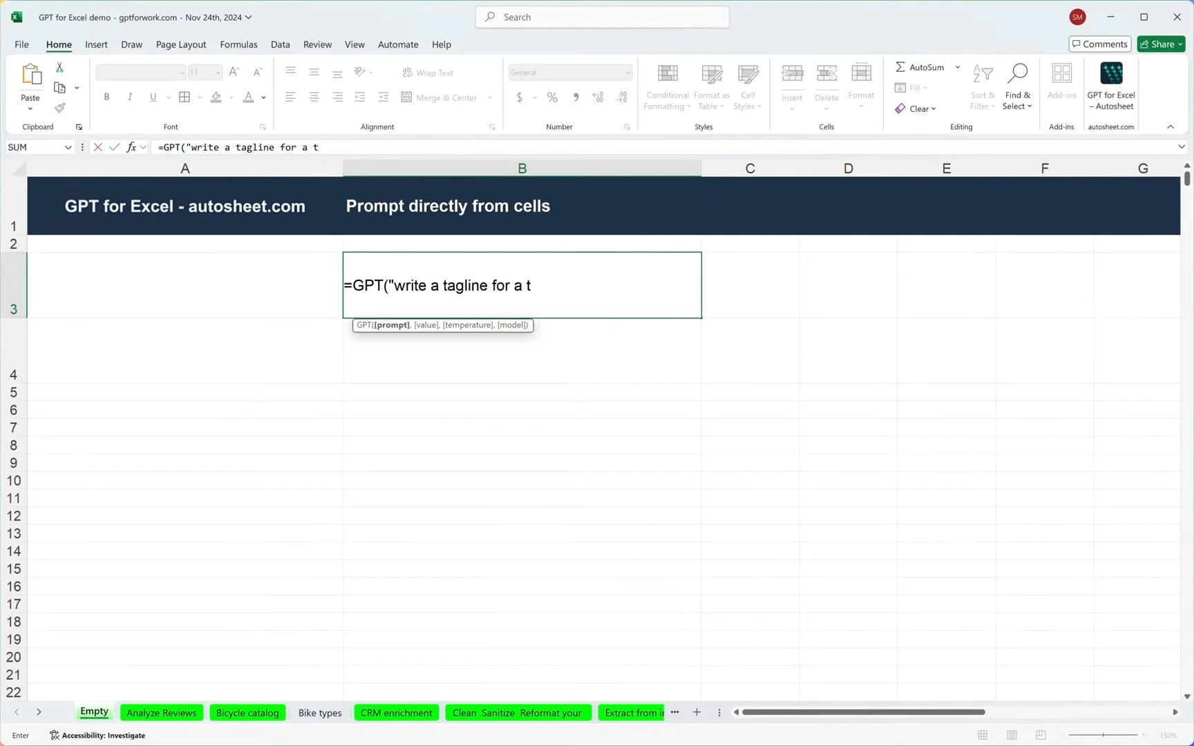 GPT functions speedrun | GPT for Excel – Autosheet - YouTube thumbnail