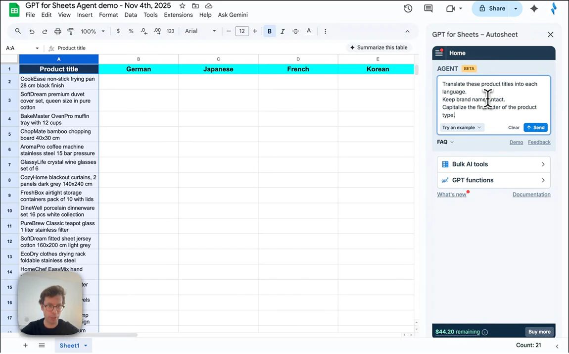 Agent demo | GPT for Sheets – Autosheet - YouTube thumbnail