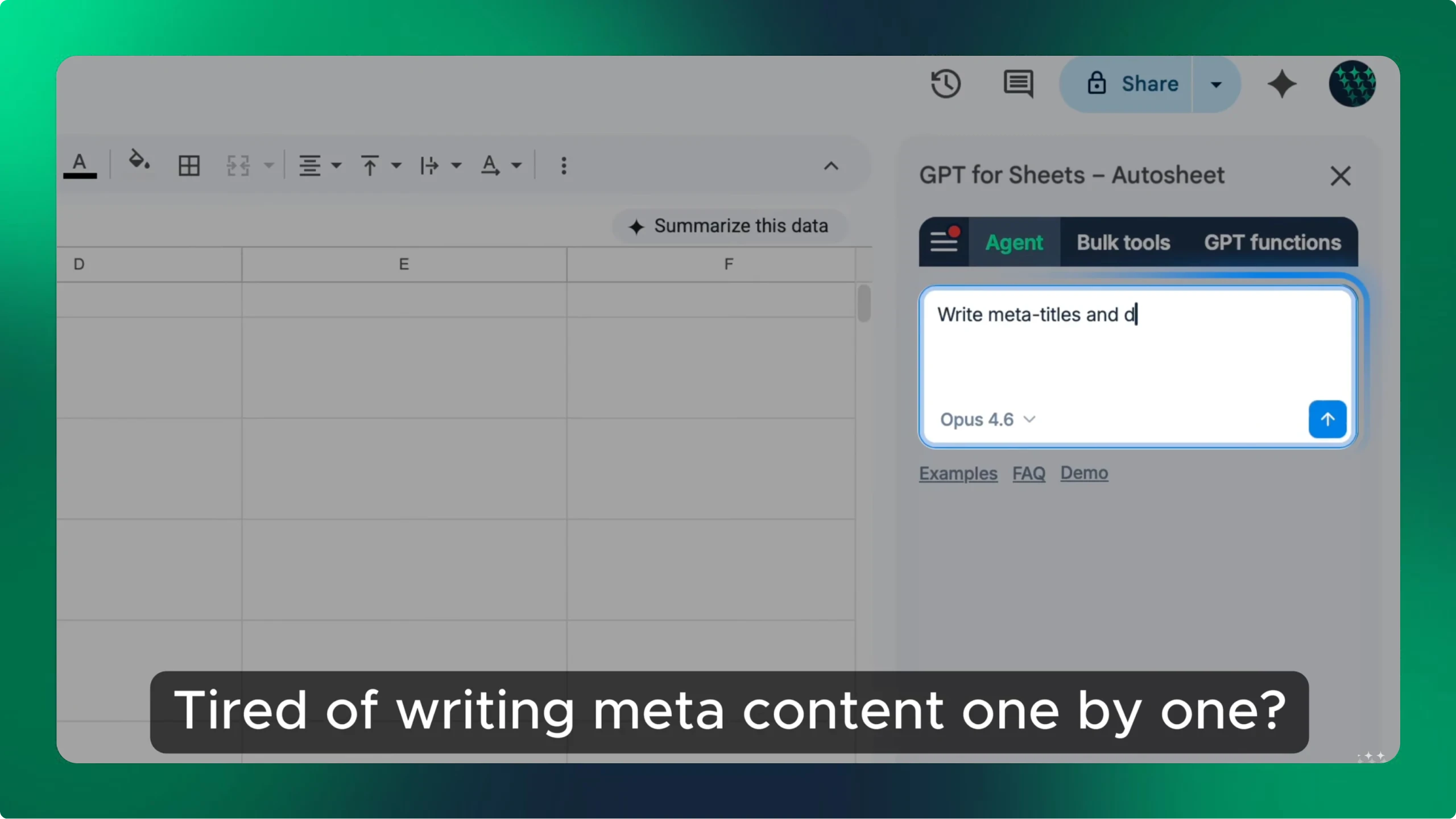 AI Agent in Google Sheets: Bulk Meta Titles & Descriptions - YouTube thumbnail